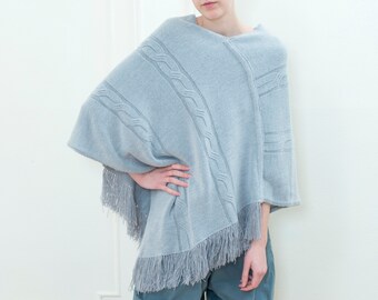 90s purple knit poncho | gray cashmere cable knit poncho | asymmetrical fringe poncho | long knit blanket poncho