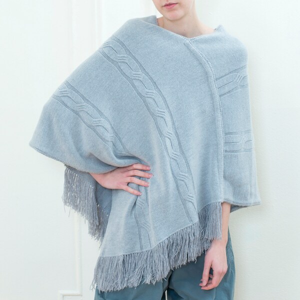 Fuzzy Hem Cable-Knit Poncho