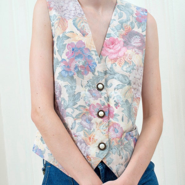 80s floral vest medium | flower print button down vest | multicolor rainbow watercolor printed vest | pearl button vest | preppy pastel vest