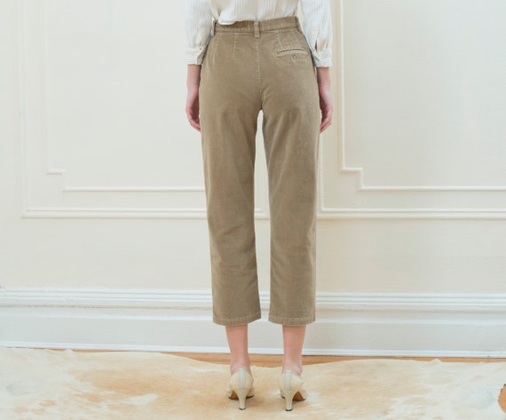 high waisted cropped khaki velvet straight leg trousers eddie bauer beige velvet preppy pants 90s tan velvet pants medium petite