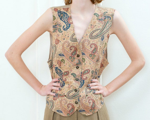 vintage tan paisley vest | 90s lizwear multicolor… - image 3