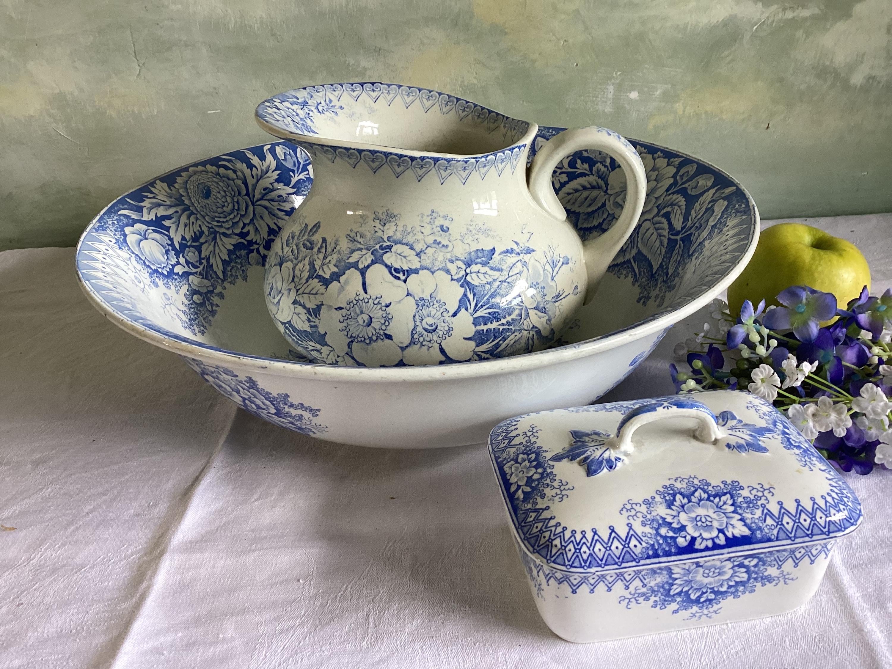 Gorgeous antique French wash basin set. Blue and white antique wash basin set - bowl, water pitcher and soap dish