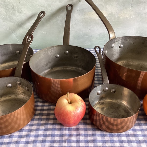 Set of 5 copper pans. 5 vintage French copper pans. French copper pans by Faucogney.