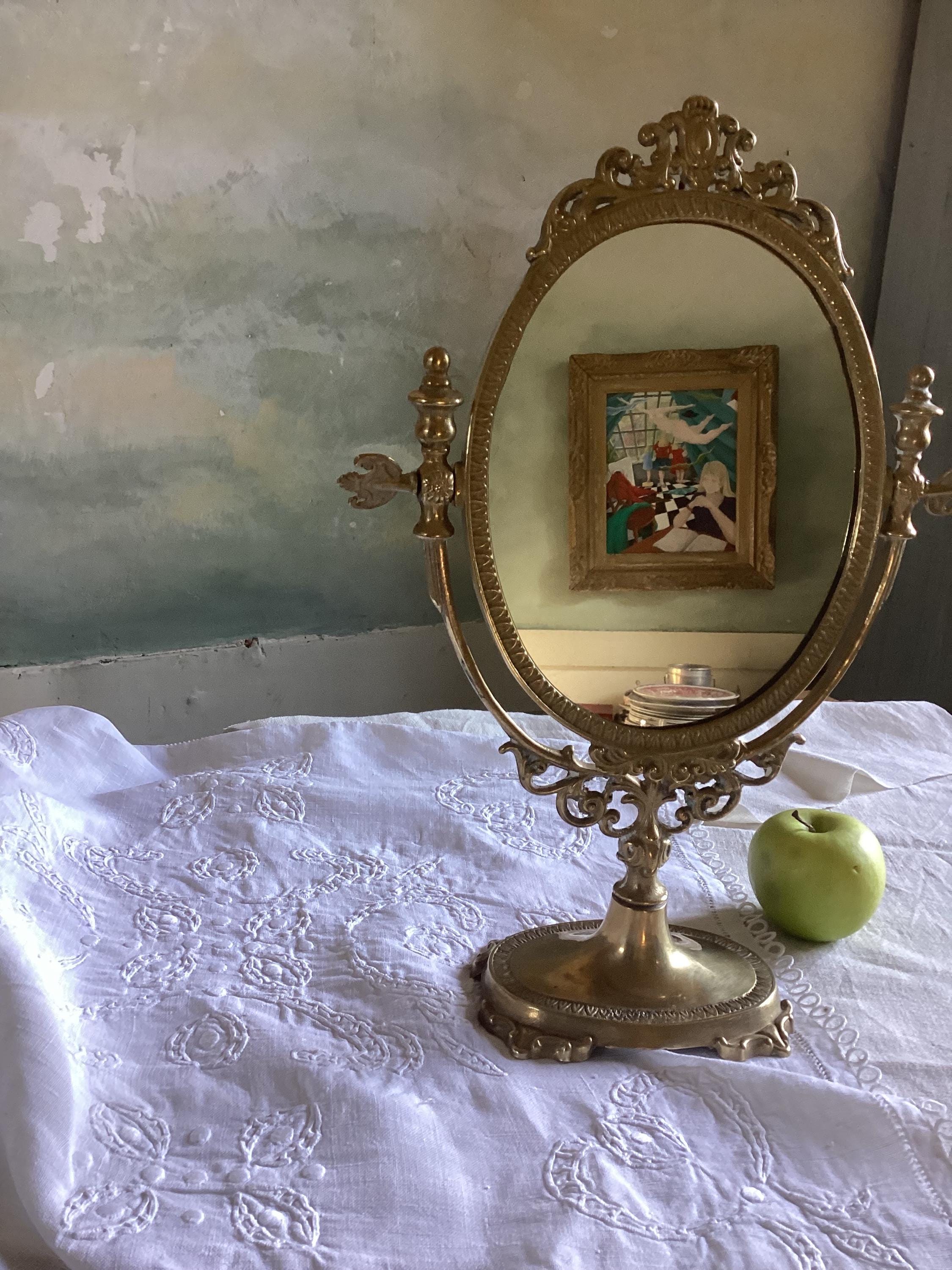 Belle Ovale Française Antique, Miroir Sur Pied En Laiton, Ovale, Orné, De Table