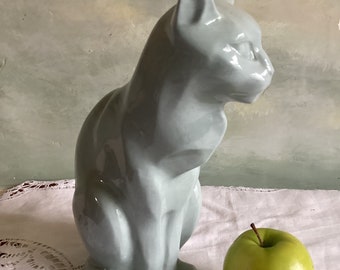 Large Longwy antique cat. French faience cat, manufactured by Longwy in a gorgeous eau de Nil shade. 27 cms ( 10.5 ins.) tall adorable cat.