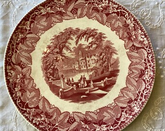 Extra large antique ironstone platter in red and white ironstone. English antique platter, for serving or wall display with hanging hook.