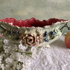 Barbotine vintage planter. French vintage planter, jardiniere, with roses and bluebells.