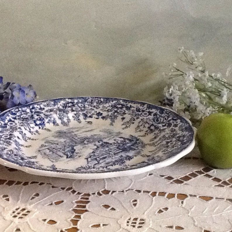 Toile de Jouy pattern Luneville porcelain Blue and white large round serving plate. Large vintage French serving plate