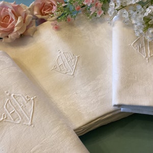 Servilletas de lino damasco. 10 servilletas francesas antiguas con monogramas iniciales AF o AE bordados a mano en fantástico estado. Damasco de puro lino.