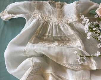 Gorgeous antique French christening or baptism robe. Handmade baby dress in white tulle and lace.