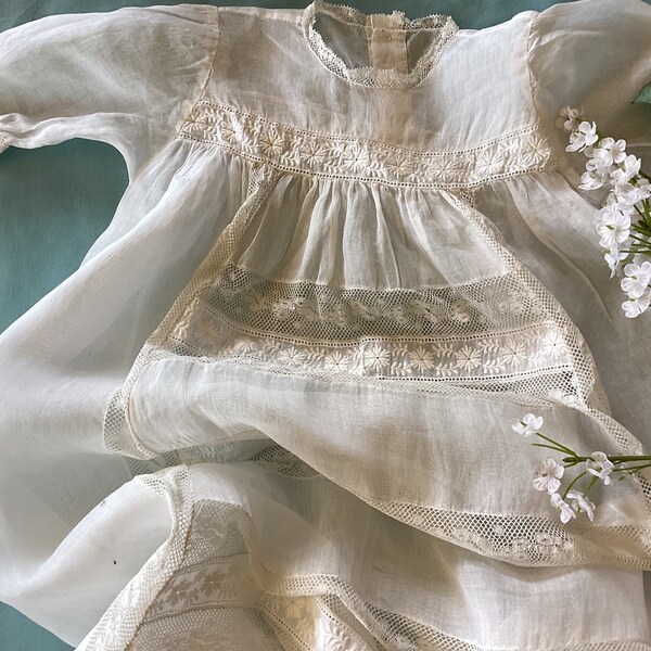 Gorgeous antique French christening or baptism robe. Handmade baby dress in white tulle and lace.