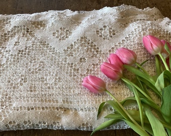 Vintage bed cover or curtain. French handmade, large crocheted, net curtain or bed cover,  275x215 cms (108 x84 ins.),never used.