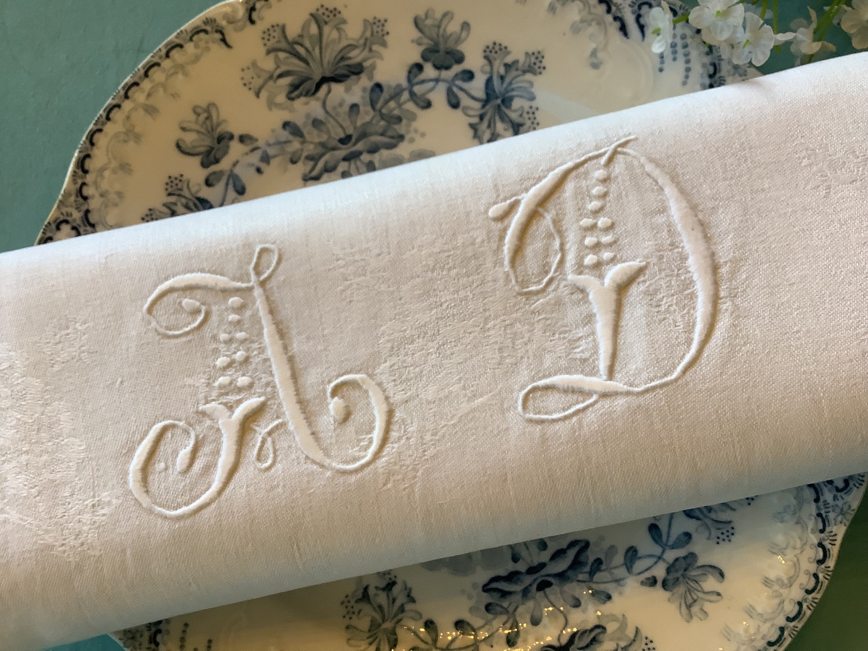5 Serviettes de Français Antiques avec Monogrammes Ad. Grandes en Lin Damassé Blanc Grands Brodés à 