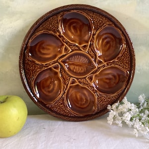 Vintage French St. Clement Oyster Plate - Brown Barbotine oyster plate. Brown Majolica oyster plate with 6 oyster wells and one lemon well.