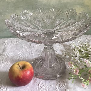 Antique French compotier or fruit stand - ornate pressed glass pedestal fruit stand - vintage cake stand, antique serving stand.
