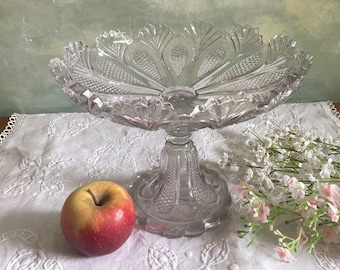Antique French compotier or fruit stand - ornate pressed glass pedestal fruit stand - vintage cake stand, antique serving stand.