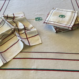 Vintage French square tablecloth and 6 napkins. Cotton and linen Basque table linens set. Green and red striped, classic Basque.