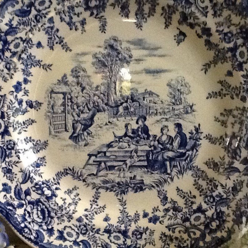 Toile de Jouy pattern Luneville porcelain Blue and white large round serving plate. Large vintage French serving plate