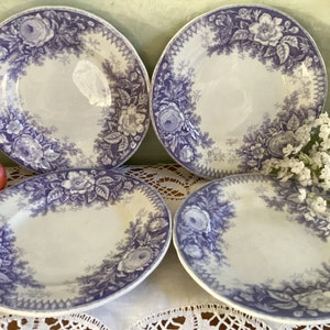 4 antique dessert plates in lavender. Sarreguemines plates, Jardiniere design purple on white in excellent condition.