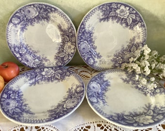 4 antique dessert plates in lavender. Sarreguemines plates, Jardiniere design purple on white in excellent condition.