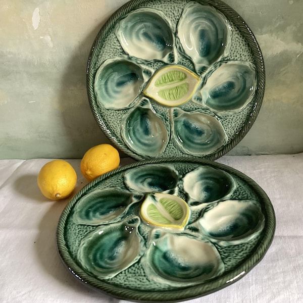 Pair of vintage French Majolica oyster plates, teal green swirl glaze. Barbotine seafood serving plates. Ceramic oyster plates.