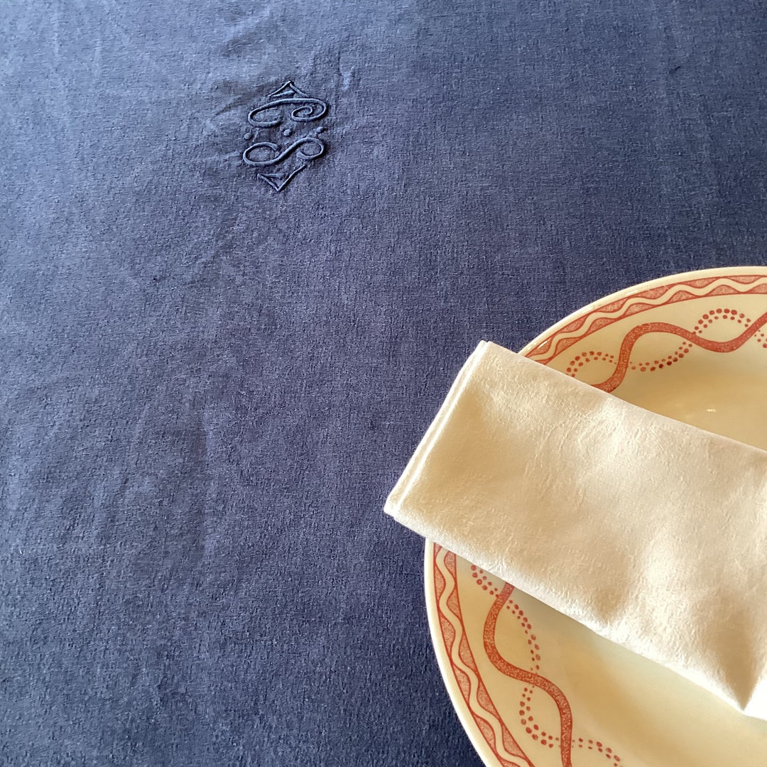 Large Vintage French Linen Tablecloth Dark Blue Hand Dyed 2 CS Monograms 222 X 170 Cms. 87 X 67