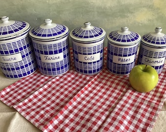 Free Shipping! Set of 5 vintage French enamel canisters. Blue and white vintage French canister set in great condition.