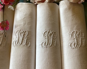 12 antique French linen napkins. Gorgeous, large pure linen napkins with J R monograms. 12 damask pure linen napkins, exquisite quality.