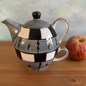 Vintage french egoist teapot and teacup. 1950 single teapot and teacup. Black, grey and white teapot and cup.