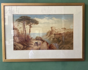 Free Shipping! Antique French watercolor painting. French landscape in watercolour.