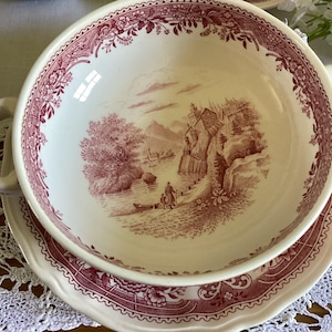 2 vintage Villeroy & Boch bouillon or soup bowls with saucers - Burgenland red and white transferware.