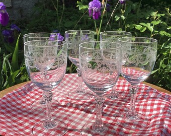 Free Shipping! 6 antique French crystal French wine glasses. Gorgeous large French antique engraved crystal wine or water glasses.