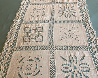 Antique embroidered table runner. Richelieu embroidery on white linen table runner. Hand embroidered table runner.