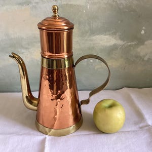 Vintage French hammered coffee pot. Copper and brass coffee server with filter. Rustic farmhouse kitchen decor. Mid century French kitchen.