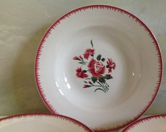 3 antique Digoin soup plates. Vintage French Digoin Sarreguemines soup plates. Art Deco soup bowls/plates. Red roses. White red and green. &quot;