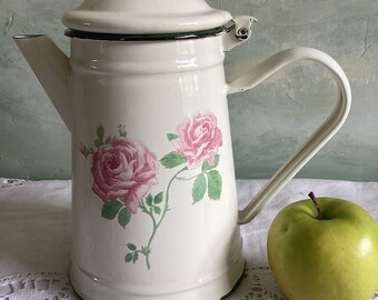 Cream and pink vintage French enamel coffee pot. Enamel coffee pot with roses. Enamel cafetière. Cafetière in usable condition.