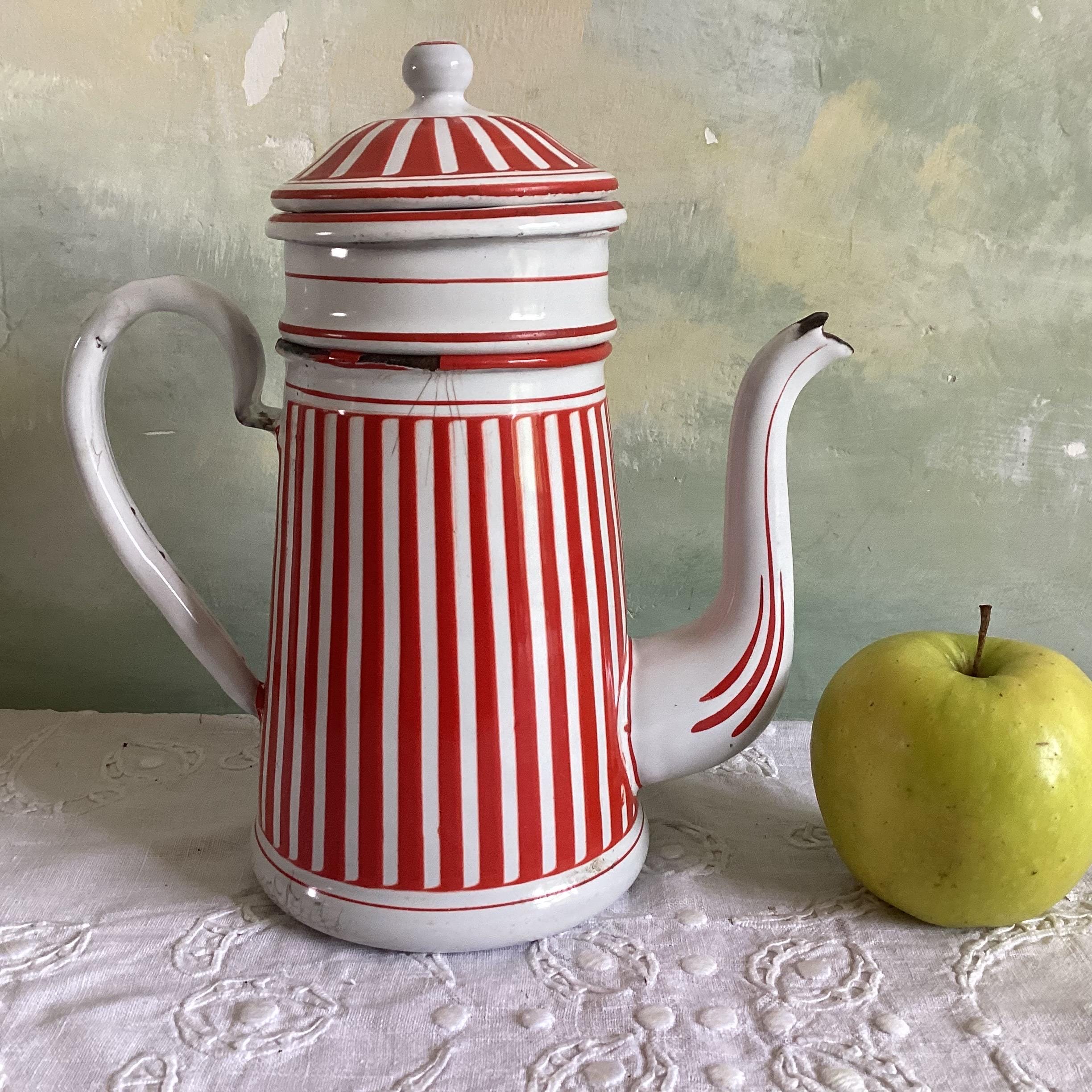 ショウ Vintage French Enamel Coffee Pot. Red and White Striped Decorative
