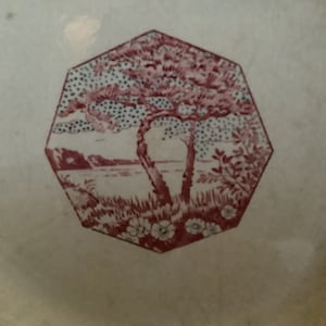 Puede incluir: Un plato de cerámica blanco vintage con un diseño octogonal rojo y blanco que presenta un árbol estilizado y flores.