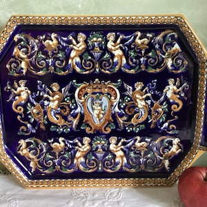 Vintage Gien porcelain tray. Renaissance style decor on vintage French porcelain tray. 40 x 30 cms. ( 16 x 12 ins.) Dark blue tray.