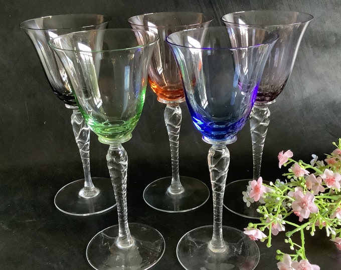Set of 5 Vintage French Wine Glasses. Fine Colored Glass, 5 Different