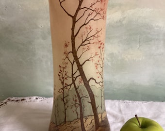Antique French vase, tall enameled glass vase in the style of Legras, hand painted with trees.