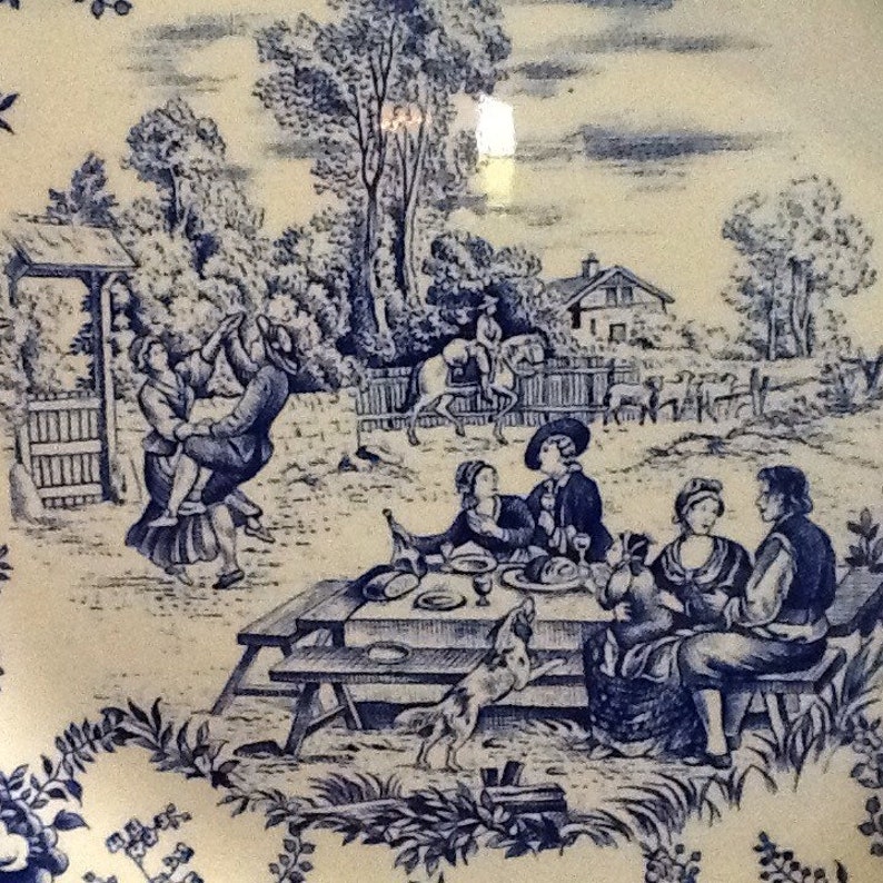 Toile de Jouy pattern Luneville porcelain Blue and white large round serving plate. Large vintage French serving plate