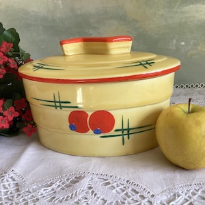 Pot ancien Art Déco avec couvercle de Ditmar-Urbach de Tchécoslovaquie en porcelaine jaune, orange et verte. Pot à biscuits rare.