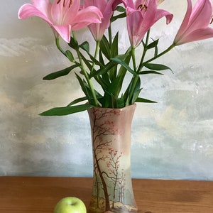 Antique French vase, tall enameled glass vase in the style of Legras, hand painted with trees.