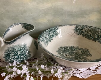 Antique wash basin set. Green and white porcelain bathroom set. Rare antique bowl and pitcher set.