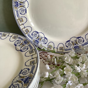 6 antique French dinner plates. Sarreguemines Digoin plates in Navarre design. 6 antique French plates, white porcelain, blue transferware,