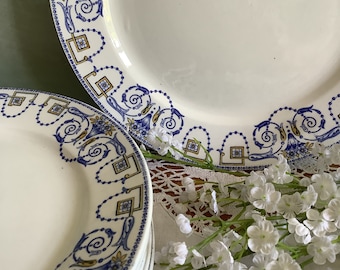 6 antique French dinner plates. Sarreguemines Digoin plates in Navarre design. 6 antique French plates, white porcelain, blue transferware,