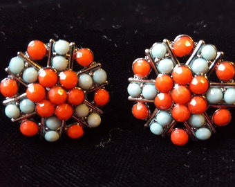Red and Pale Turquoise Rhinestone Stud Earrings