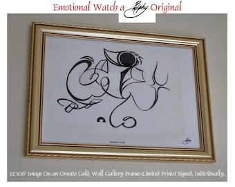 Impresión de dibujo a tinta "Reloj Emocional" de edición limitada, firmada y enmarcada.
