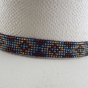 Beaded hatband, Stretch hat band, Bold rich colors, beaded Western hat band, Cowboy hat band, Rodeo, Softer Aztec design, Stretch to fit